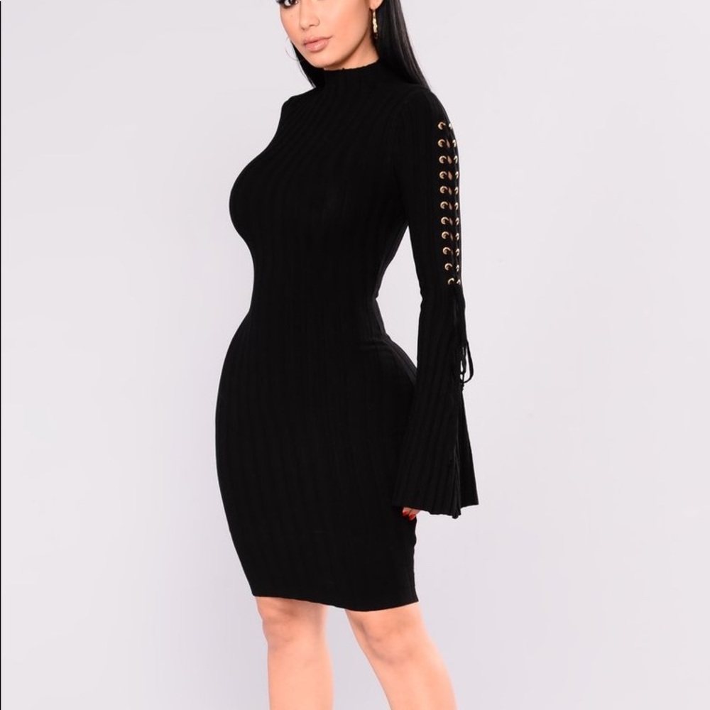 Black Knit Mock Neck Bell Sleeved Dress Small - Picture 3 of 4